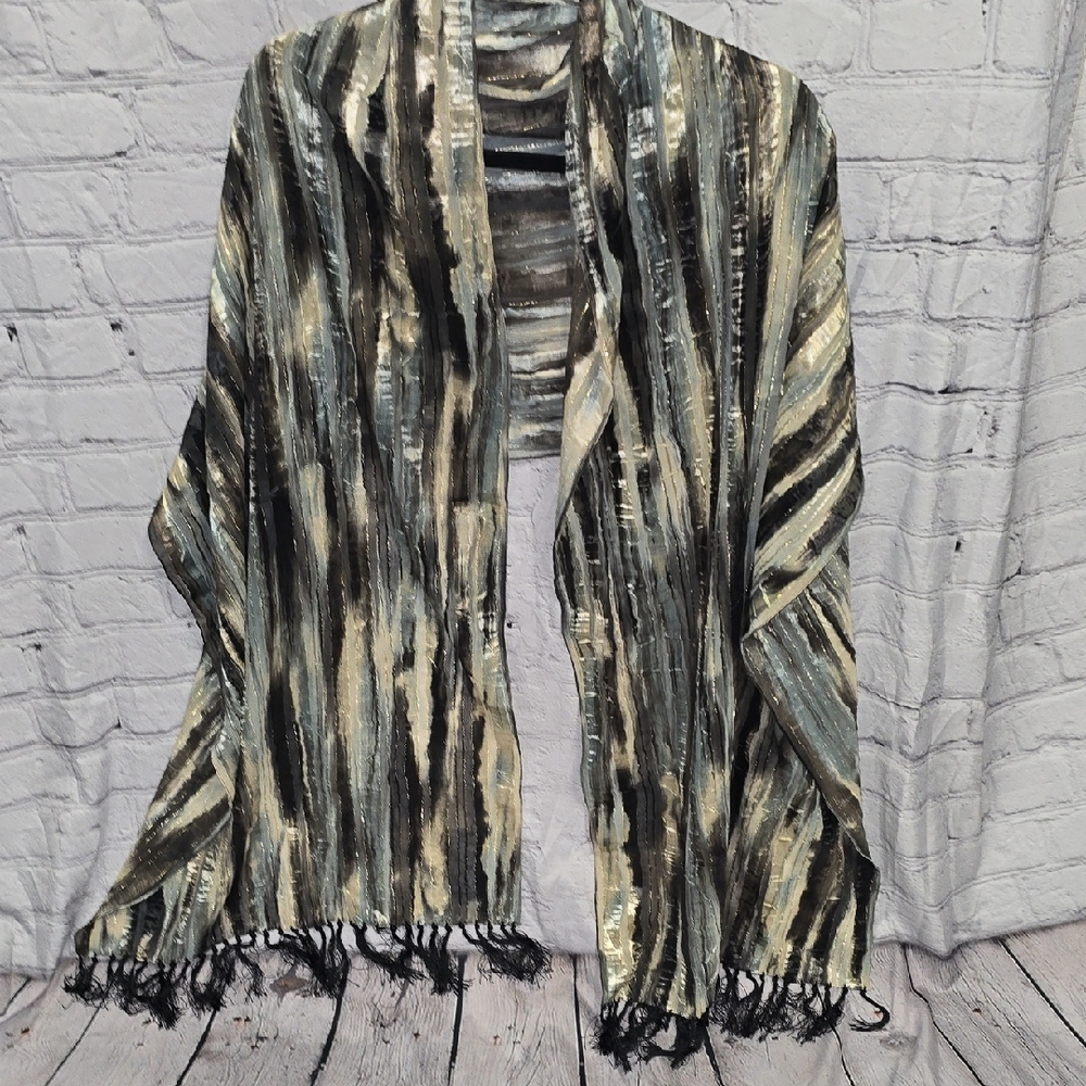 Striped Fringe Wrap or Scarf w/ Metalic Gold Thread Accents, 80" In Length
